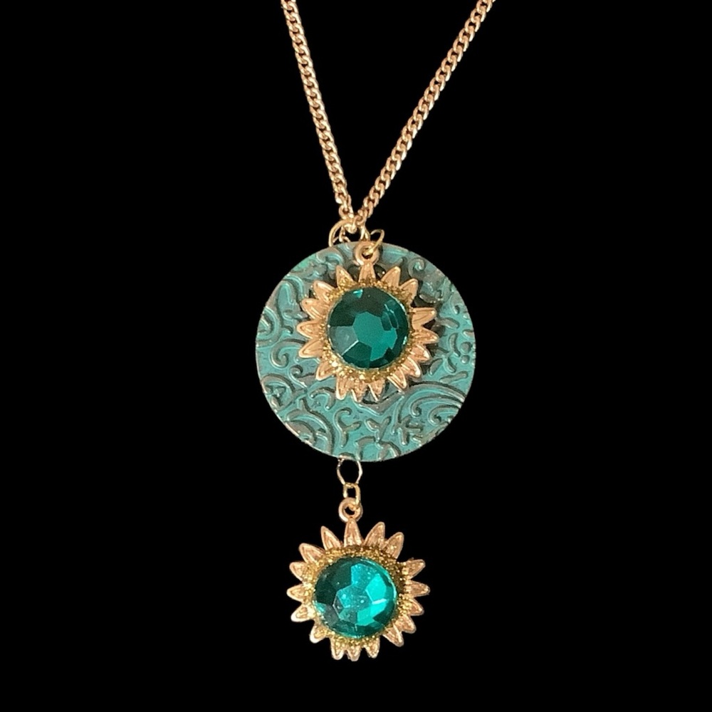 Boho Western Chic Gold and Emerald Green / Turquoise Pendant Necklace